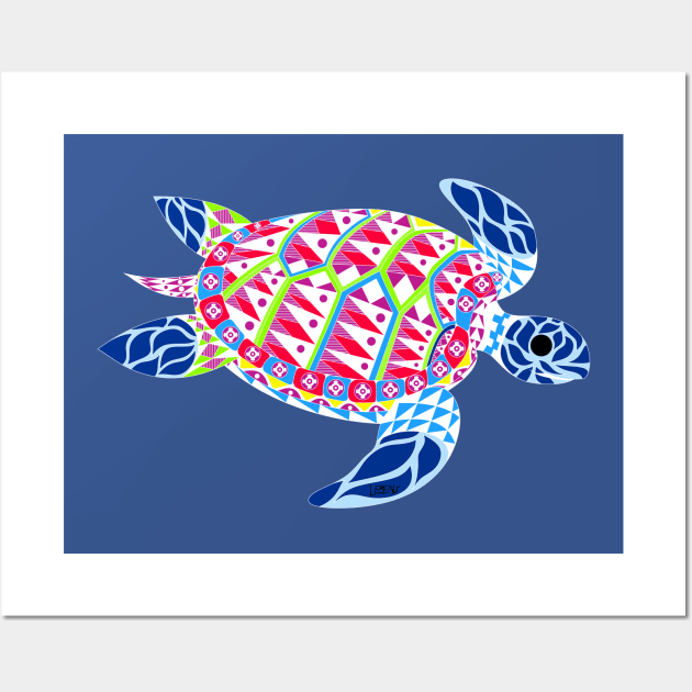 kawaii mexican caribbean carey turtle tortoise in ecopop floral wallpaper Wall Art by jorge_lebeau